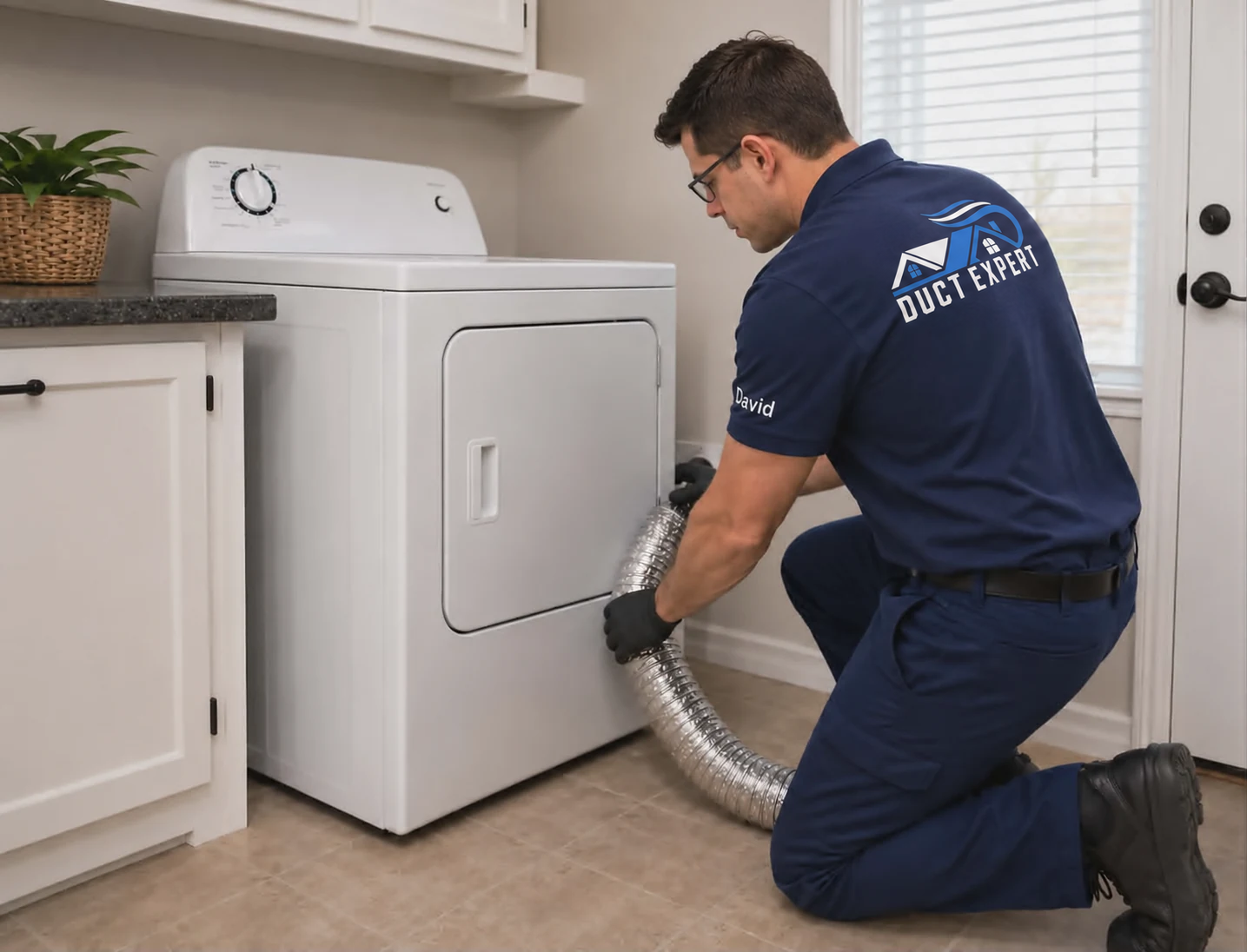 Duct Expert technician cleaning a dryer vent