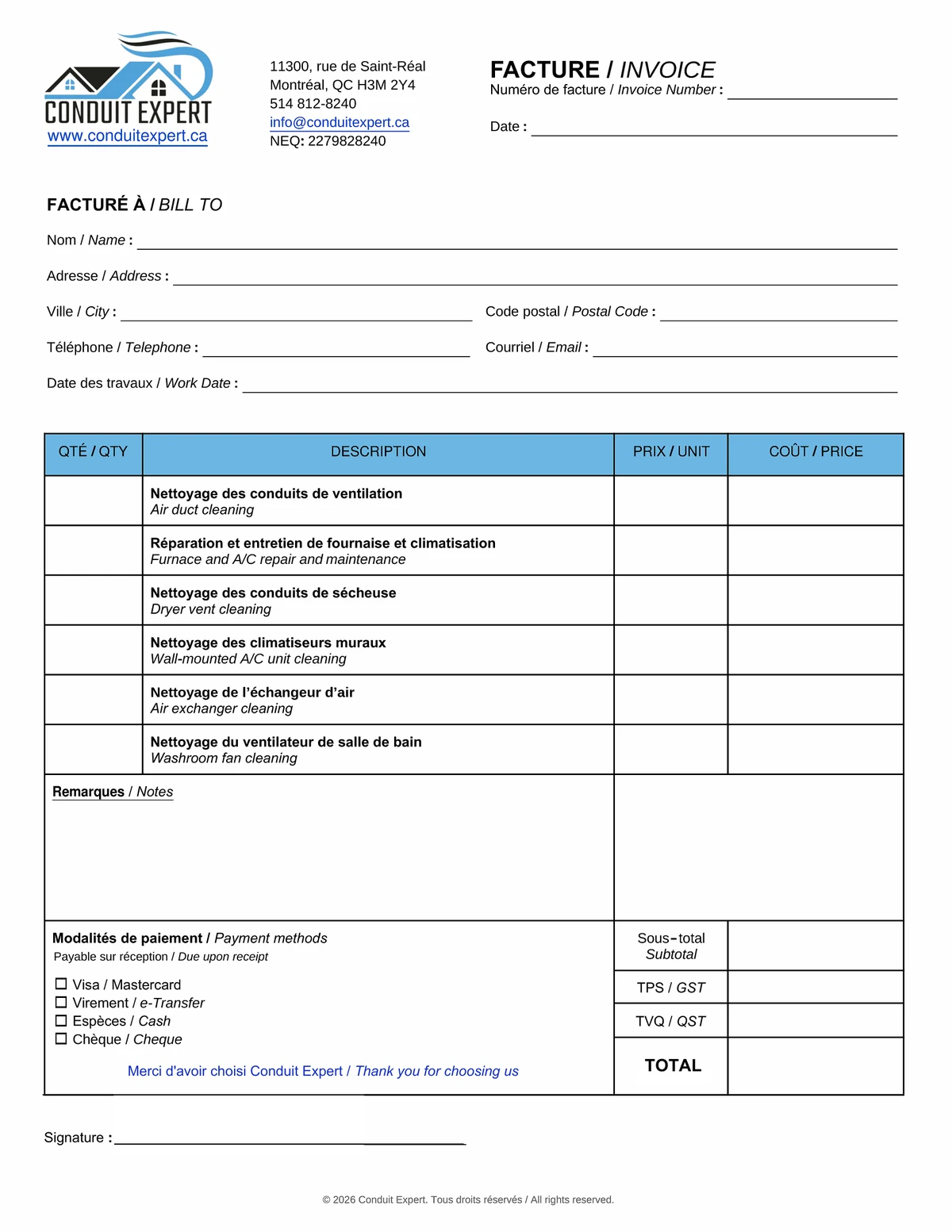Exemple de facture détaillée remise par Conduit Expert