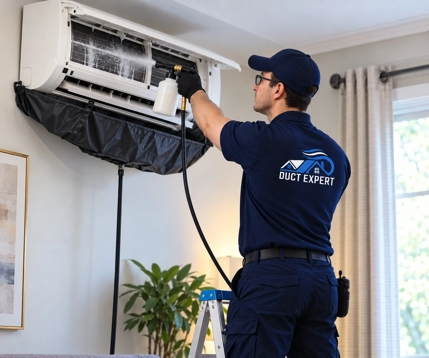 Duct Expert technician cleaning a wall-mounted air conditioner